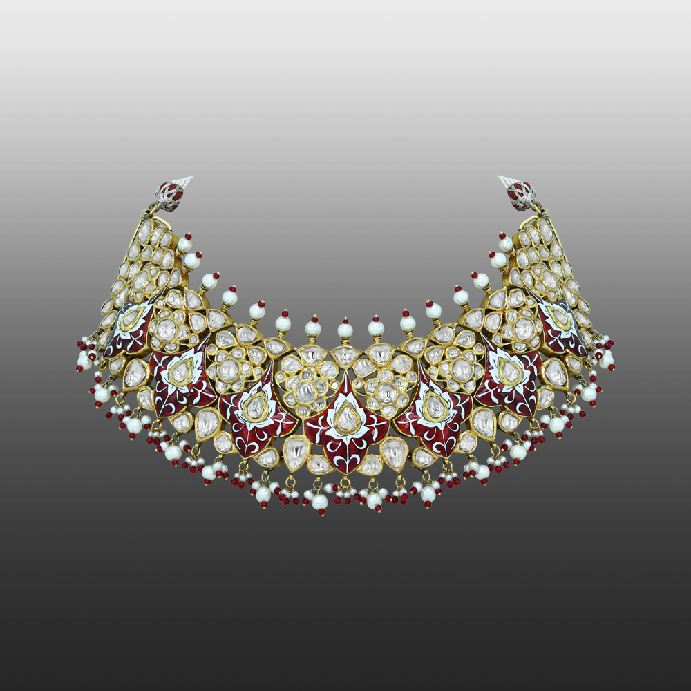 Polki Semi-Choker with Red Enamel and Pearl Beads